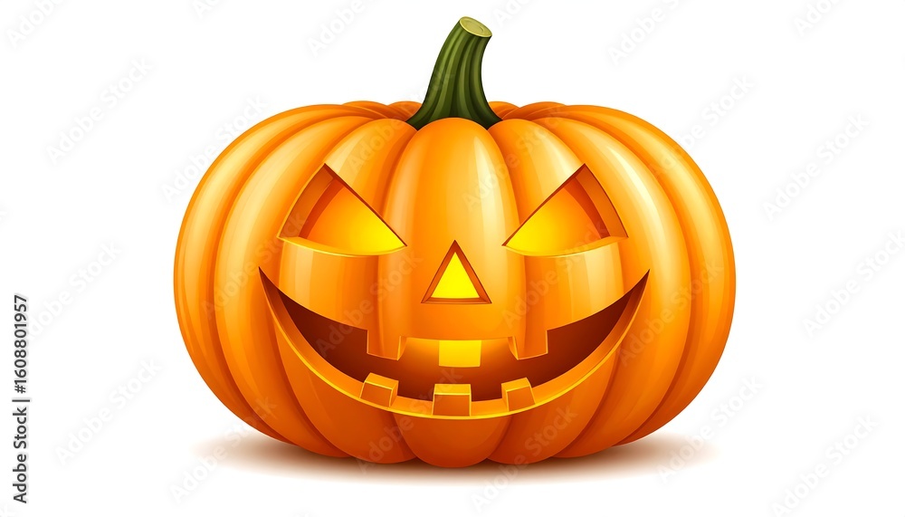 Fototapeta premium Glowing jack-o'-lantern, carved with a sinister grin, isolated on white