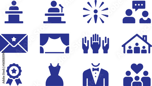 Blue Icons Representing Public Speaking Communication Celebration Awards and Community vector