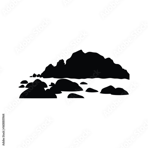 Black silhouette of a coastal rocky formation against a white background