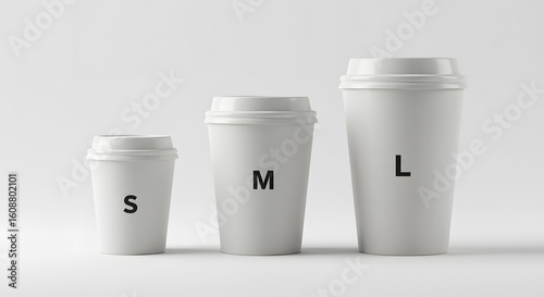Three white coffee cups in small, medium, and large sizes representing different choices and options for your beverage.