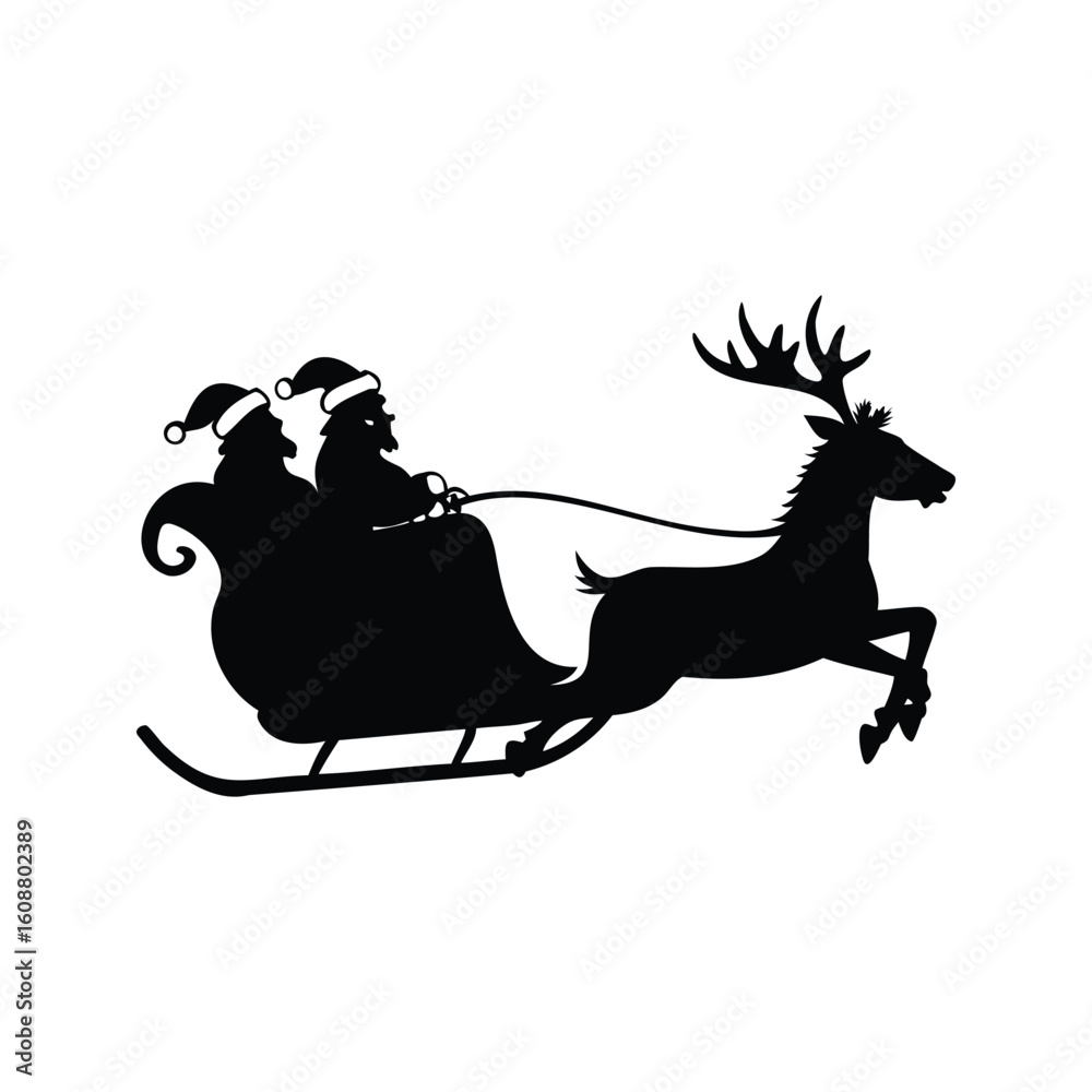 Fototapeta premium Santa Claus and companion in a sleigh pulled by a reindeer silhouette