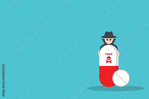 Fake medicine. Pill and tablet with criminal selling illegal drugs. Fake drugs, pharmaceutical. Symbolic for harmful counterfeit pills, risk and danger of illegal produced and sold pharmaceuticals.