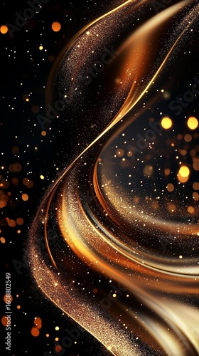 An abstract swirl of shimmering golden fluid with specks of sparkling light dancing through the dark background, creating a captivating visual effect perfect for design projects.