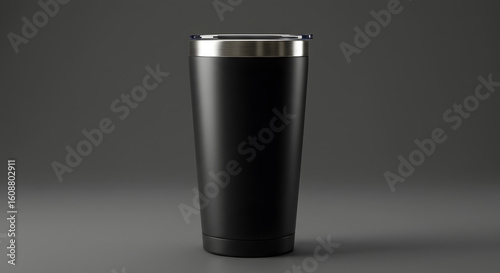Minimalist black stainless steel travel tumbler isolated on a gray background. A product photography mockup for a reusable drink container.