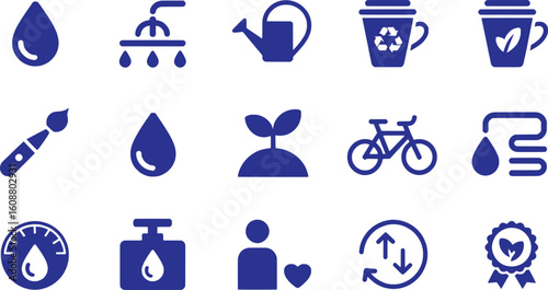 Blue icons representing water drop shower watering can recycling cup leaf cup paint brush sprout bicycle water pipe