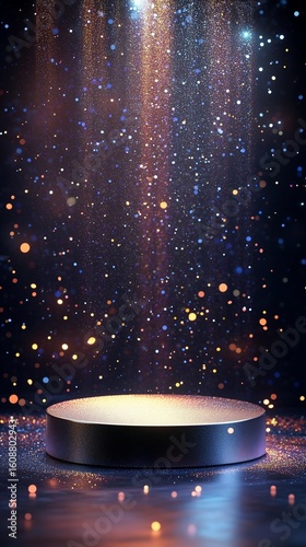 This image features a spotlight illuminating a circular stage, with vibrant particles and glowing lights creating an enchanting atmosphere, perfect for presentations or artistic di
