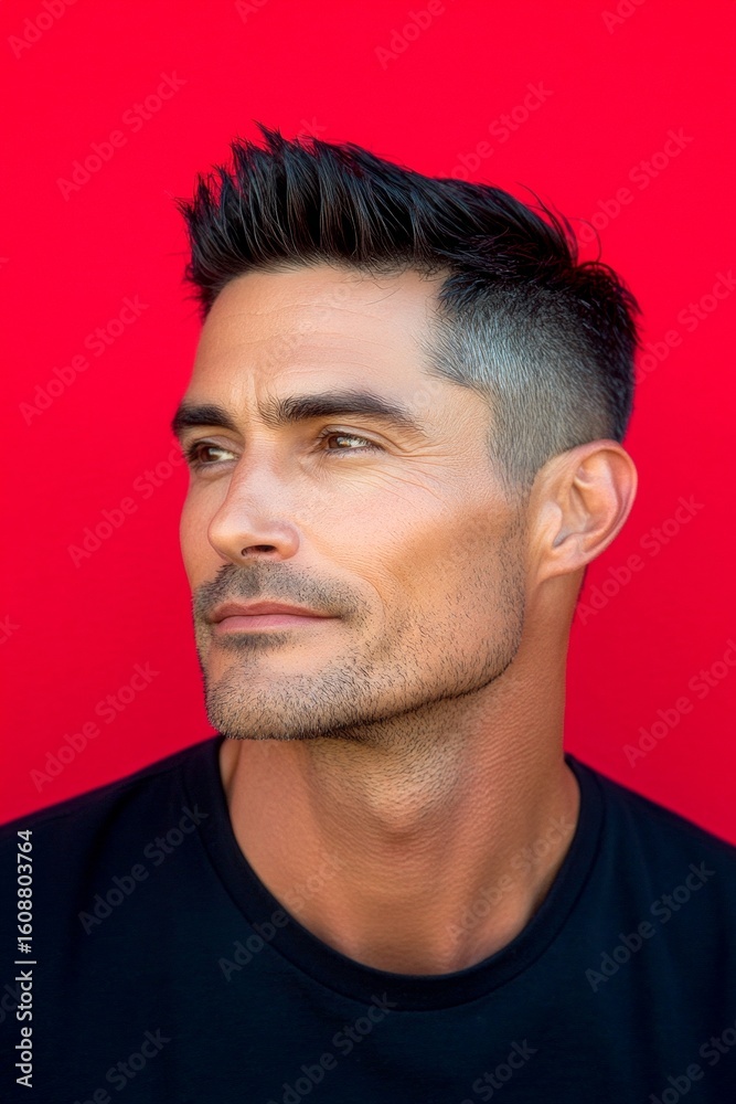 Obraz premium Red solid background. An artistic man expressing confidence in his portrait. Creative of style for aging men. Classy men's crew cut haircut - midlife white man with black hair.