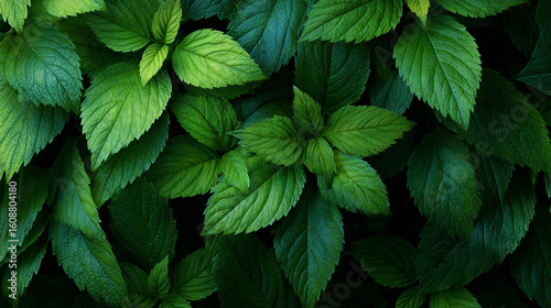 Dense green leaves foliage wall background texture 