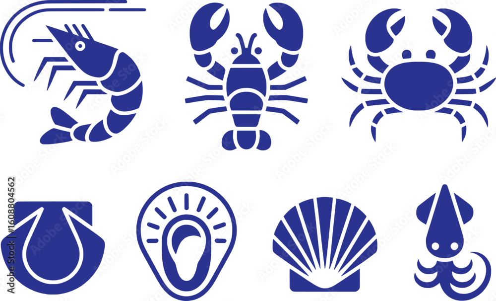 Fototapeta premium Blue seafood icons featuring shrimp lobster crab scallop squid vector