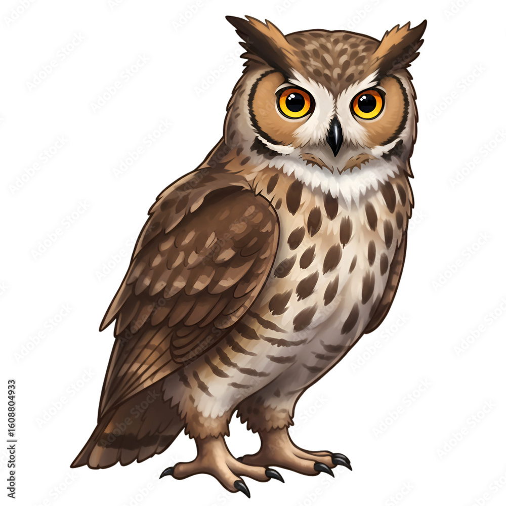 Obraz premium Brown owl with large eyes and feathers perched wisely