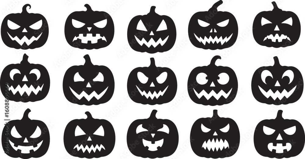 Obraz premium Black halloween pumpkins with carved faces jack o lantern, halloween, pumpkins, jack o lantern, carved, faces, spooky, scary, black, white, holiday, decoration, autumn, fall, seasonal, graphic, illust