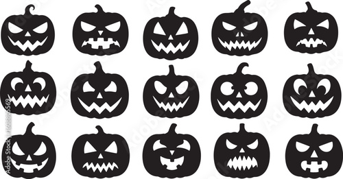 Black halloween pumpkins with carved faces jack o lantern, halloween, pumpkins, jack o lantern, carved, faces, spooky, scary, black, white, holiday, decoration, autumn, fall, seasonal, graphic, illust