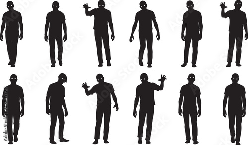 Black silhouettes of figures with glowing eyes white background, silhouette, figures, black, white background, glowing eyes, standing, walking, reaching, horror, monster, zombie, undead, creepy, spook