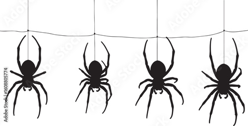 Black spiders hanging on threads arachnids, spiders, hanging, threads, black, arachnids, creepy, halloween, illustration, silhouette, eight legs, web, creepy crawly, dark, spooky, danger, nature, inse