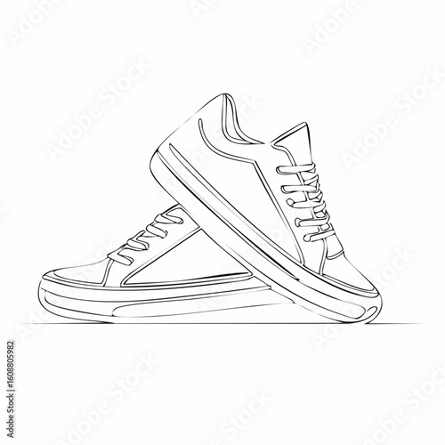 Single one line drawing a pair of sneakers. Trendy canvas shoes in vibrant colors