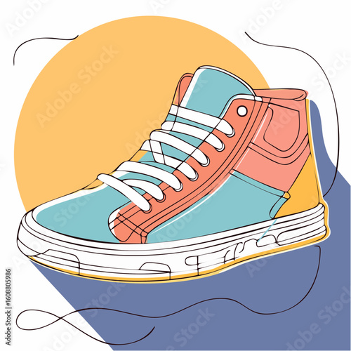 Single one line drawing a pair of sneakers. Trendy canvas shoes in vibrant colors