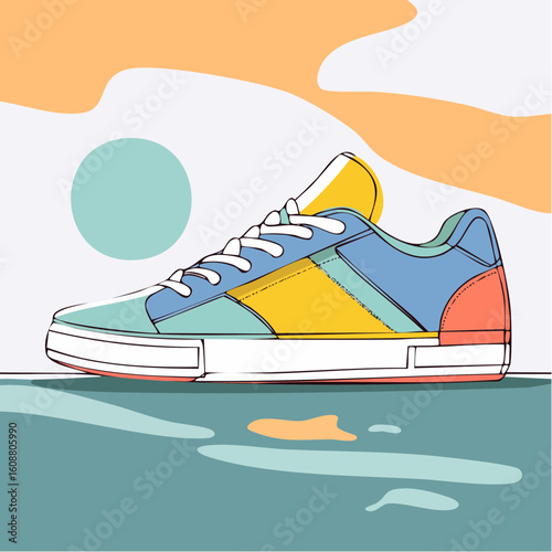 Single one line drawing a pair of sneakers. Trendy canvas shoes in vibrant colors