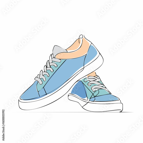 Single one line drawing a pair of sneakers. Trendy canvas shoes in vibrant colors