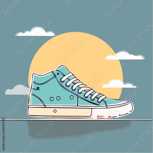 Single one line drawing a pair of sneakers. Trendy canvas shoes in vibrant colors