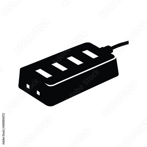 Black and White Power Strip Icon with Cord and Multiple Outlets