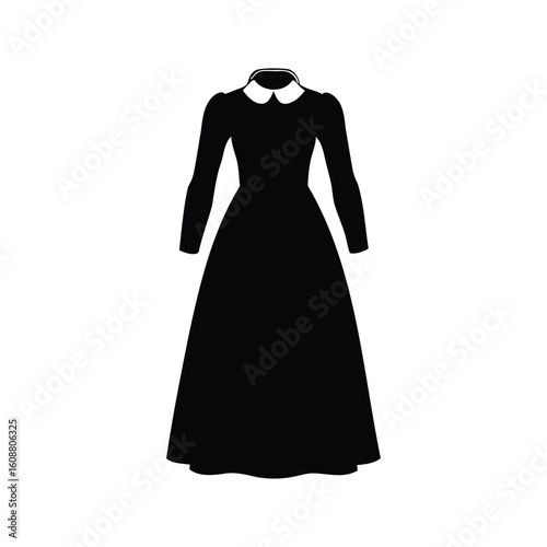 Elegant full length black dress with a white collar silhouette image