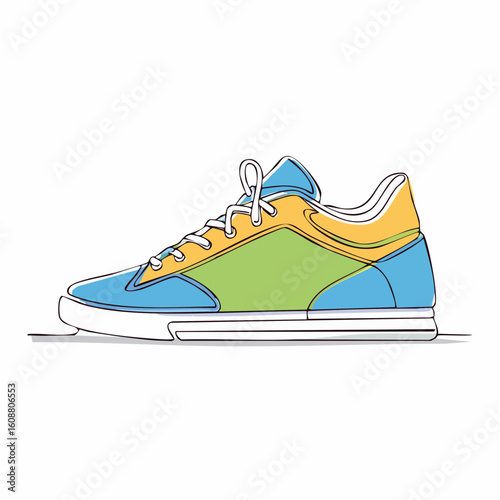 Single one line drawing a pair of sneakers. Trendy canvas shoes in vibrant colors