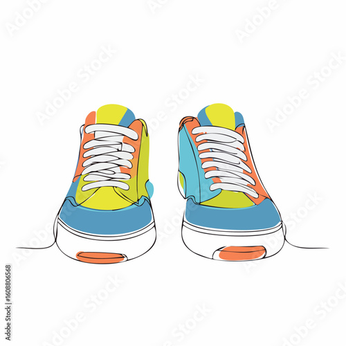 Single one line drawing a pair of sneakers. Trendy canvas shoes in vibrant colors