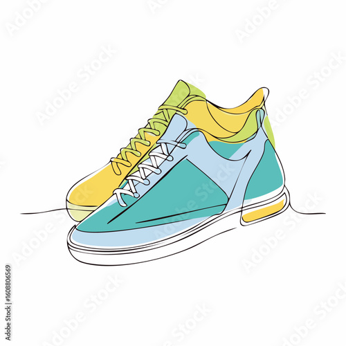 Single one line drawing a pair of sneakers. Trendy canvas shoes in vibrant colors