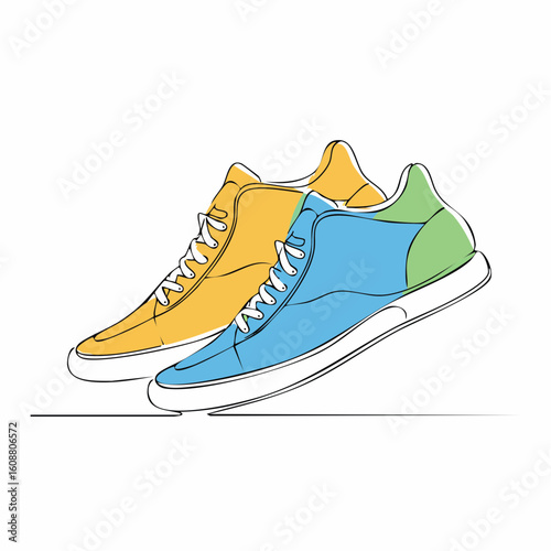 Single one line drawing a pair of sneakers. Trendy canvas shoes in vibrant colors