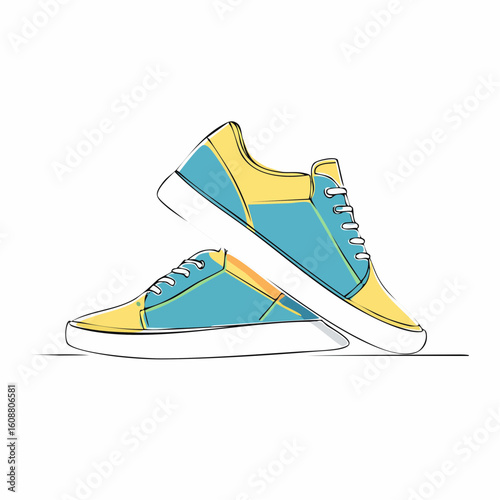 Single one line drawing a pair of sneakers. Trendy canvas shoes in vibrant colors