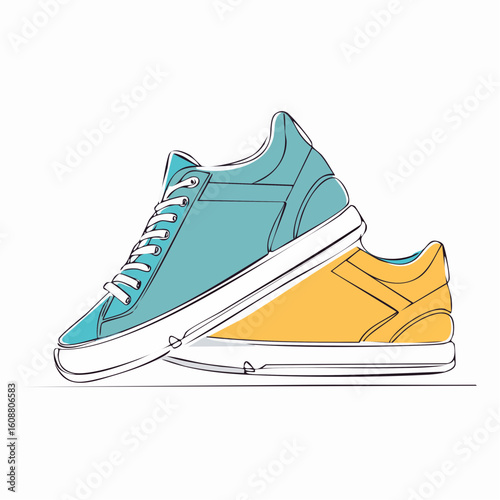 Single one line drawing a pair of sneakers. Trendy canvas shoes in vibrant colors