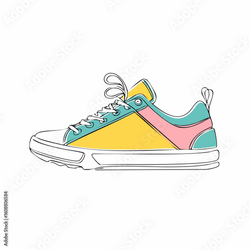 Single one line drawing a pair of sneakers. Trendy canvas shoes in vibrant colors
