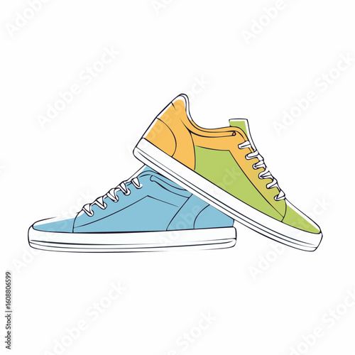 Single one line drawing a pair of sneakers. Trendy canvas shoes in vibrant colors