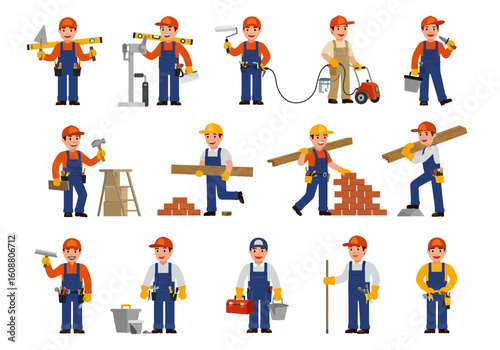 Collection of cartoon construction workers and builders in various poses, holding tools and materials, isolated on a white background.