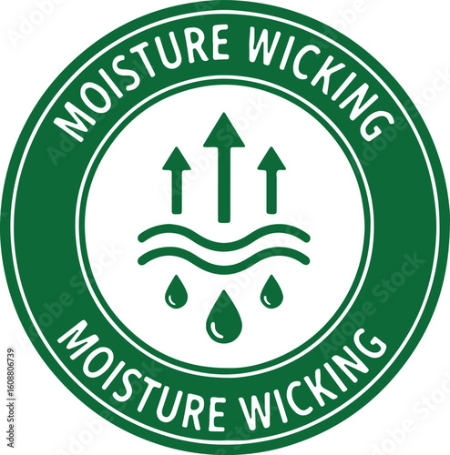 Green circular emblem with moisture wicking graphic, moisture wicking, emblem, circular, green, white, graphic, symbol, textile, fabric, technology, performance, dry, sweat, water, absorption, evapora