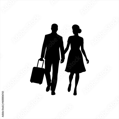 Couple walking with luggage suitcase travel