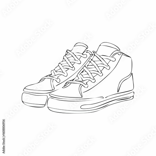 Single one line drawing a pair of sneakers. Trendy canvas shoes in vibrant colors