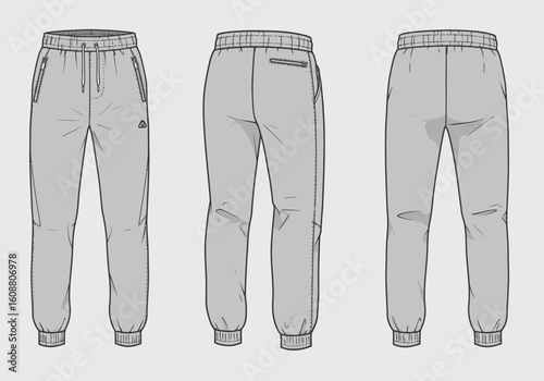 Gray sweatpants illustration showing front, back, and rear views with drawstring, pockets, and elastic cuffs.