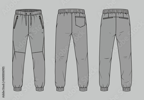 Three views of gray jogger pants: front with zipper pockets, front with back pocket, and back view.