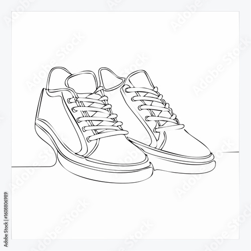 Single one line drawing a pair of sneakers. Trendy canvas shoes in vibrant colors