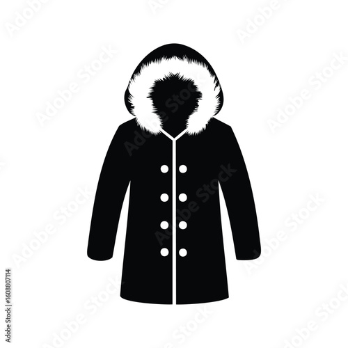 Black and white vector image of a winter parka coat with fur