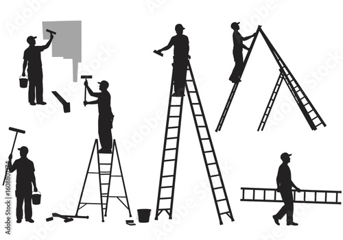 Silhouetted figures of painters working on ladders, painting walls, and carrying equipment, showcasing various stages of a painting project.