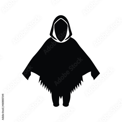 Mysterious Hooded Figure with Cape and Fringe Silhouette Isolated on White