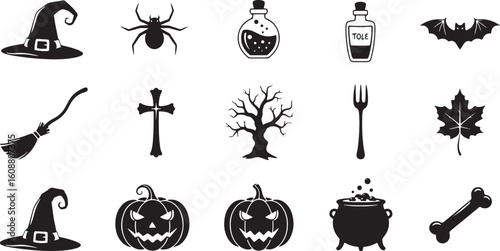Halloween icons witch hat spider potion bottle bat broomstick cross bare tree fork maple leaf, halloween, witch hat, spider, potion, bat, broom, cross, tree, fork, leaf, pumpkin, cauldron, bone, spook