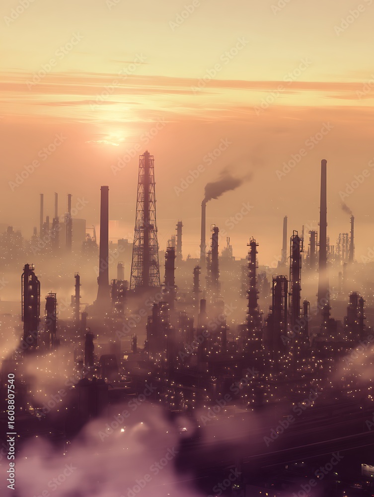 Fototapeta premium Industrial cityscape under hazy orange sky