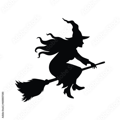 A black silhouette of a witch flying on a broomstick against white