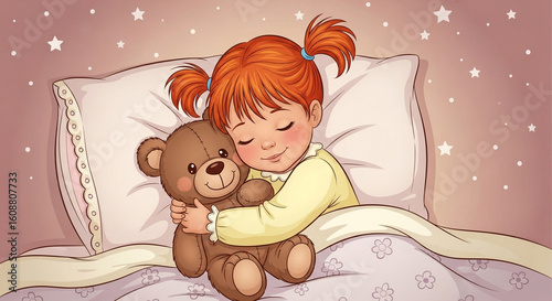 A little girl with red hair sleeping soundly while hugging her teddy bear in a cozy bed at night