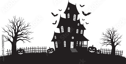 Haunted house with bats and pumpkins halloween spooky, halloween, haunted house, spooky, bats, pumpkins, trees, fence, night, scary, silhouette, creepy, october, holiday, celebration, decoration, illu