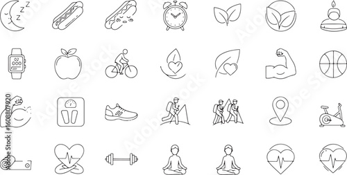 Health and wellness icons sleep food, health, wellness, icons, sleep, food, alarm, leaves, apple, cycling, heart, muscle, basketball, smartwatch, scale, shoe, hiking, location, exercise bike, yoga, du