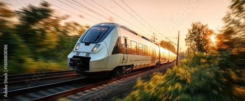 The train speeding through a beautiful sunset landscape on a railway track.